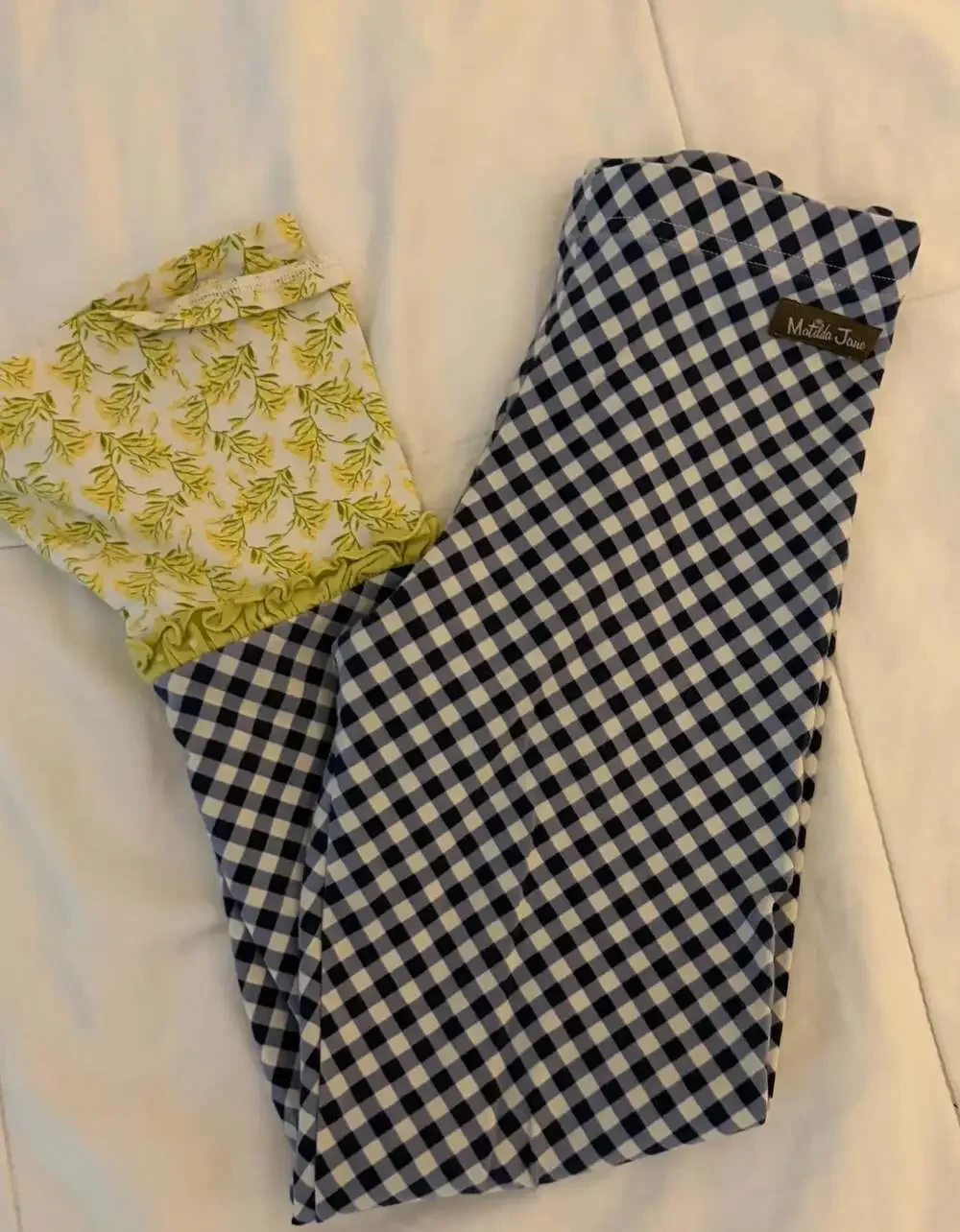 Matilda Jane Girls Blue Gingham Green Ruffle Bottom Leggings Size 10